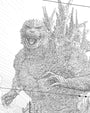 This limited edition Neil Davies art print features a detailed black-and-white line drawing of Godzilla roaring, covered in spiky scales and dorsal fins, with smoke and power lines in the foreground.
