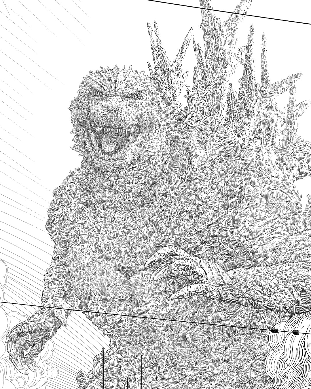 This limited edition Neil Davies art print features a detailed black-and-white line drawing of Godzilla roaring, covered in spiky scales and dorsal fins, with smoke and power lines in the foreground.