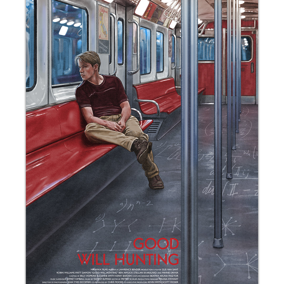 A solitary young man sits on a red subway bench, lost in thought as math equations cover the floor. “GOOD WILL HUNTING” is boldly displayed below. Limited edition archival pigment print by Neil Davies.
