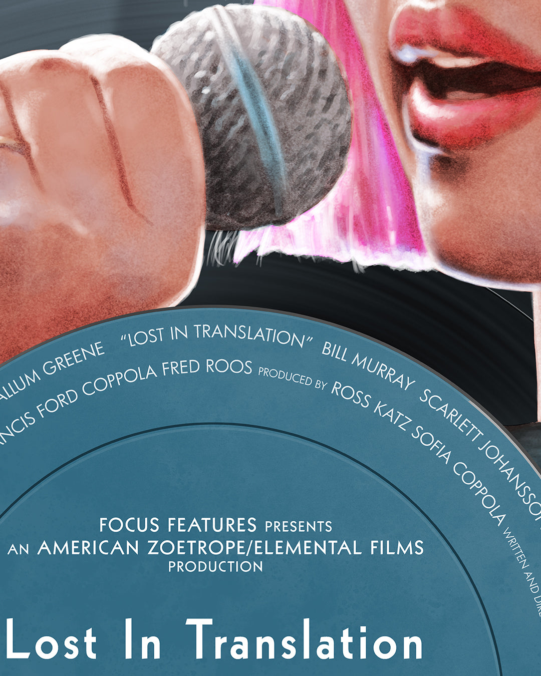A close-up of a person with pink hair singing into a microphone, with "Lost In Translation" and film credits below. This limited edition archival pigment print is by Neil Davies.