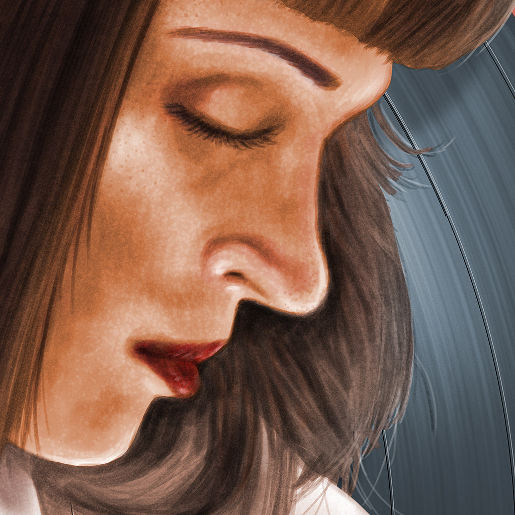 A limited edition archival pigment print by Neil Davies depicting a woman's profile with closed eyes, brown hair, red lips, and freckles set against blue and gray tones.