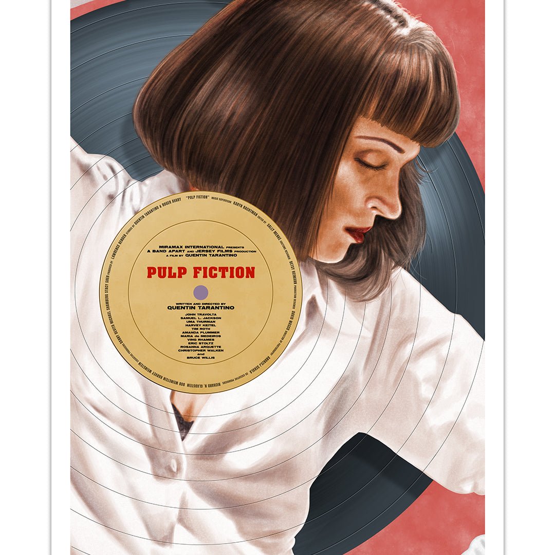 A limited edition archival pigment print by Neil Davies shows a woman with a bob haircut and white blouse dancing with raised arms, set before a Pulp Fiction vinyl record against a red and white background.