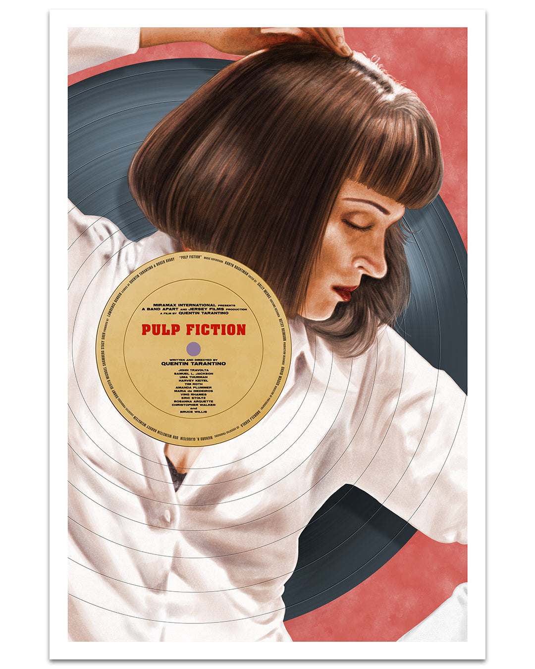 A limited edition archival pigment print by Neil Davies shows a woman with a bob haircut and white blouse dancing with raised arms, set before a Pulp Fiction vinyl record against a red and white background.