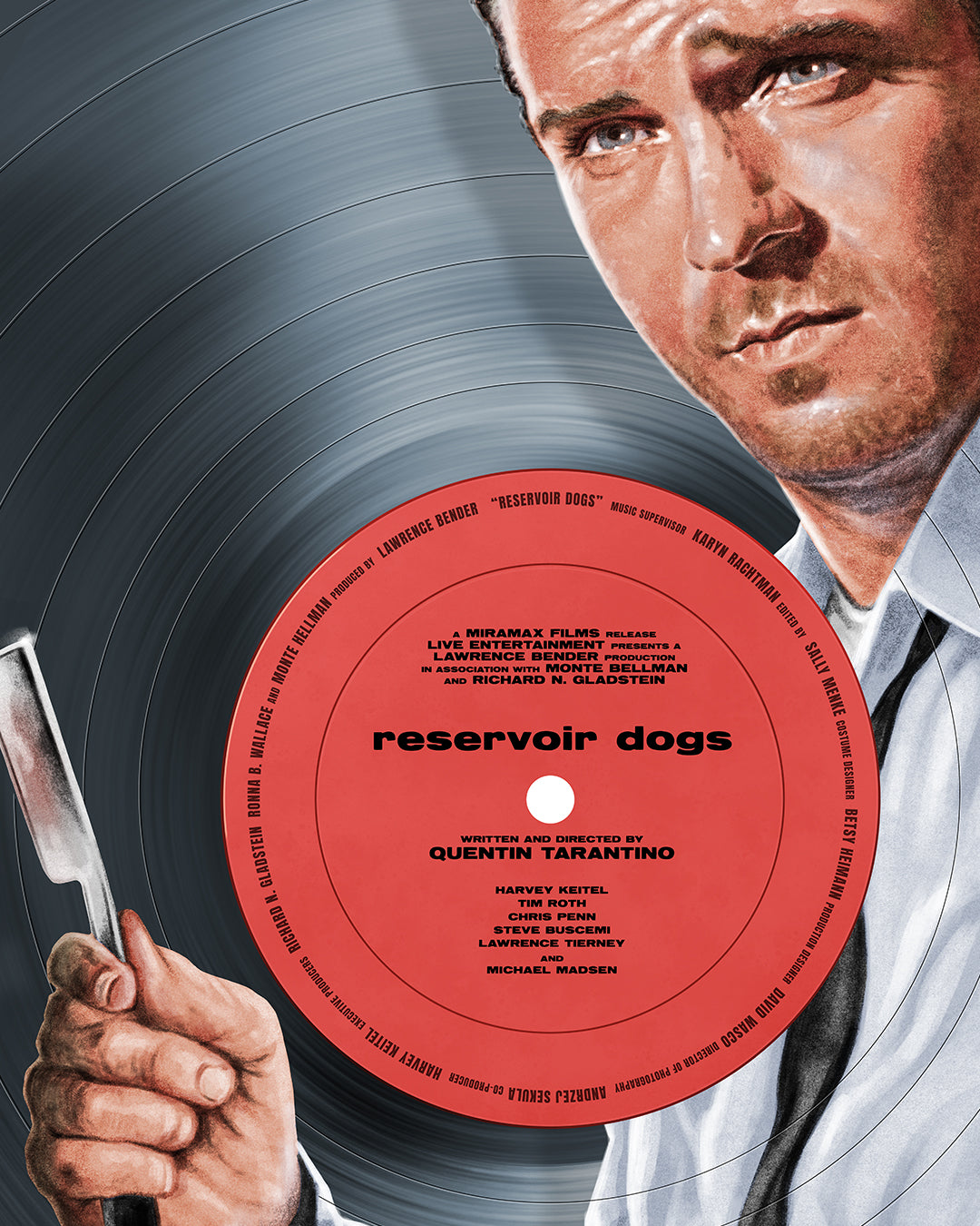 A man in a suit holds a straight razor beside a vinyl labeled “reservoir dogs,” channeling Super Sounds of the Seventies. Cast and crew names circle this Neil Davies archival pigment print with Quentin Tarantino credited as writer/director.