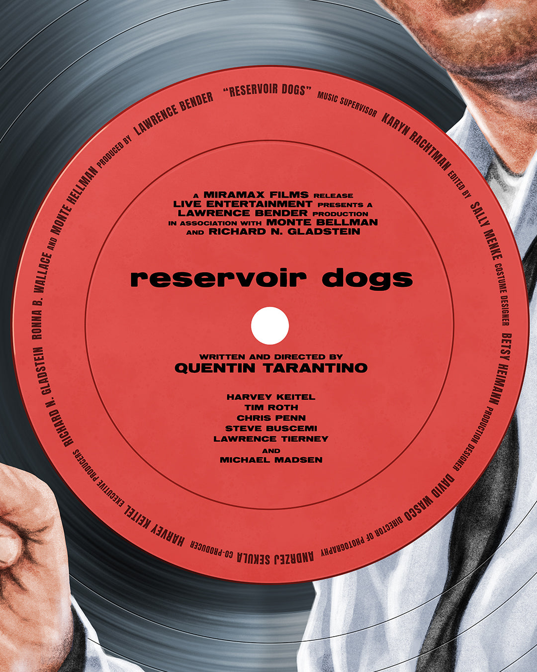 A suited man’s hand holds a vinyl record with Reservoir Dogs credits in black and red text, set against a light blue background reminiscent of Super Sounds of the Seventies in this archival pigment print by Neil Davies.