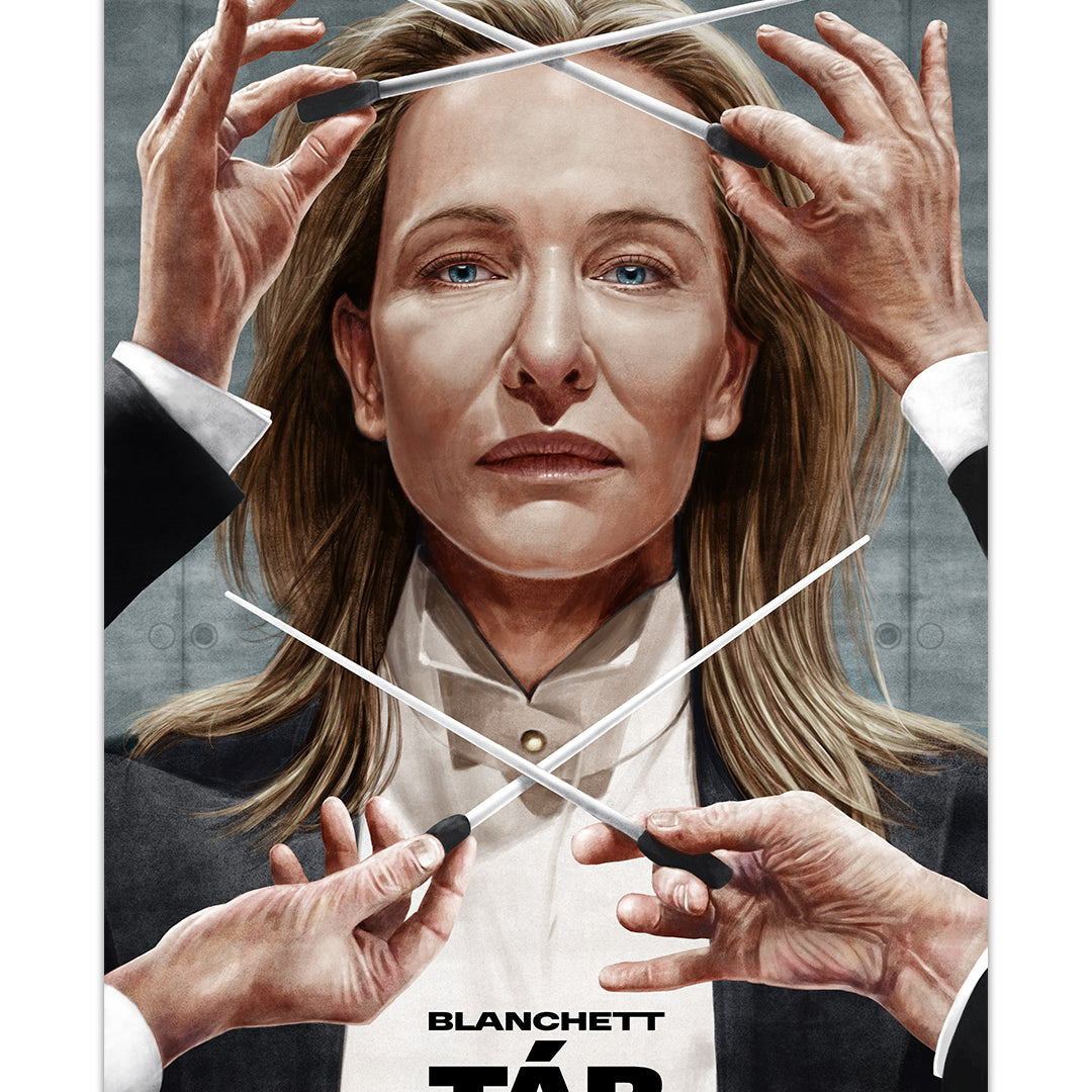 A serious woman in formal wear faces forward as hands around her cross conductors batons. This limited edition archival pigment print by Neil Davies features the poster: BLANCHETT TÁR A Film by Todd Field.