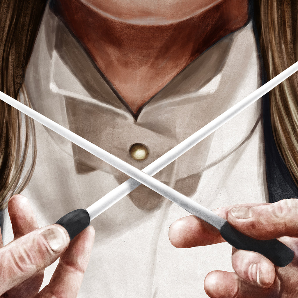A person in a white shirt holds two sharpening rods crossed in front of their chest, with only their hands, long hair, and part of their face visible—an evocative limited edition Neil Davies archival pigment print.