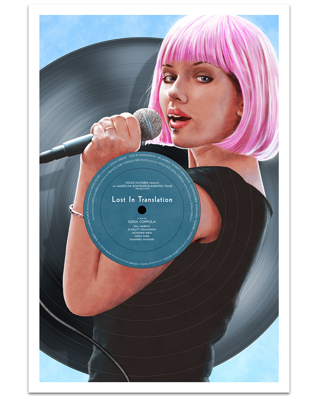Neil Davies' limited edition archival pigment print features an illustration of a woman with a pink bob wig singing into a microphone in a black dress, set before a vinyl record displaying the Lost In Translation movie title.
