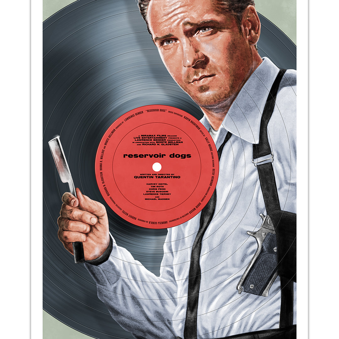 Illustration by Neil Davies of a man in a white shirt and black suspenders holding a razor blade, with a vinyl record labeled "Super Sounds of the Seventies"—an archival pigment print inspired by Reservoir Dogs.