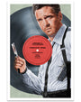 Illustration by Neil Davies of a man in a white shirt and black suspenders holding a razor blade, with a vinyl record labeled "Super Sounds of the Seventies"—an archival pigment print inspired by Reservoir Dogs.