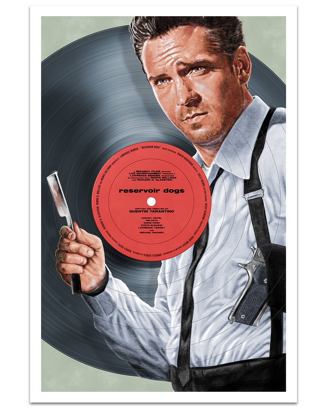 Illustration by Neil Davies of a man in a white shirt and black suspenders holding a razor blade, with a vinyl record labeled "Super Sounds of the Seventies"—an archival pigment print inspired by Reservoir Dogs.