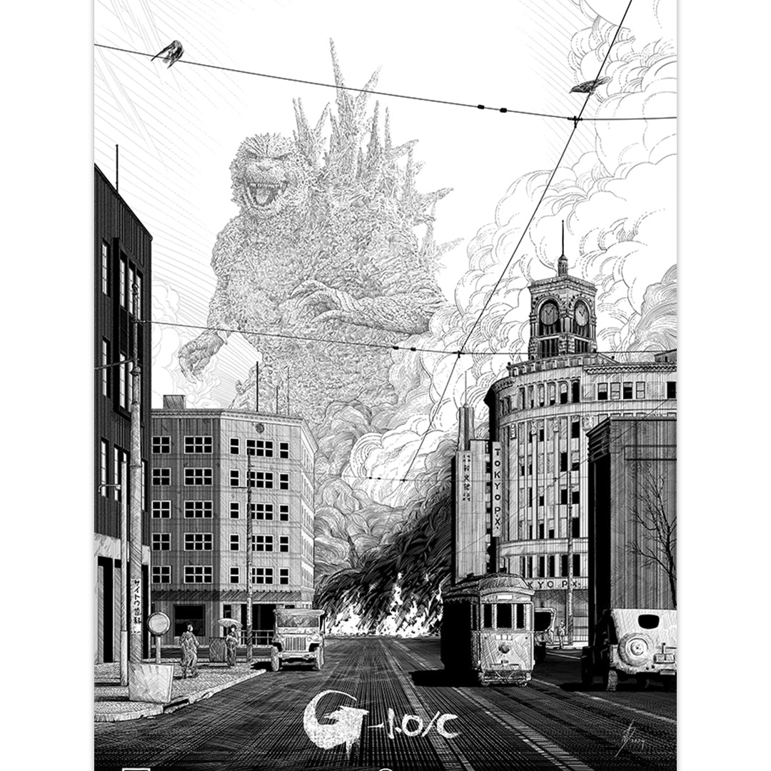 Print in black and white of Godzilla walking through a city scape