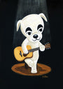 A white cartoon dog with thick eyebrows, inspired by K.K. Slider, sits on a stool playing guitar under a spotlight in classic video game art style against a dark background. Artwork by Nellie Le.