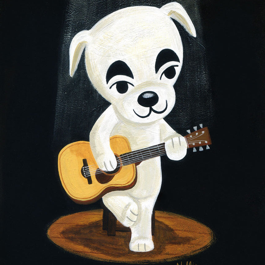 A white cartoon dog with thick eyebrows, inspired by K.K. Slider, sits on a stool playing guitar under a spotlight in classic video game art style against a dark background. Artwork by Nellie Le.