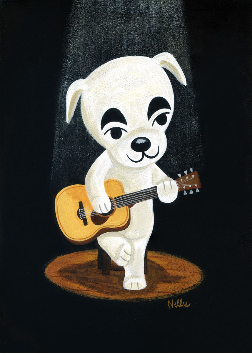 A white cartoon dog with thick eyebrows, inspired by K.K. Slider, sits on a stool playing guitar under a spotlight in classic video game art style against a dark background. Artwork by Nellie Le.
