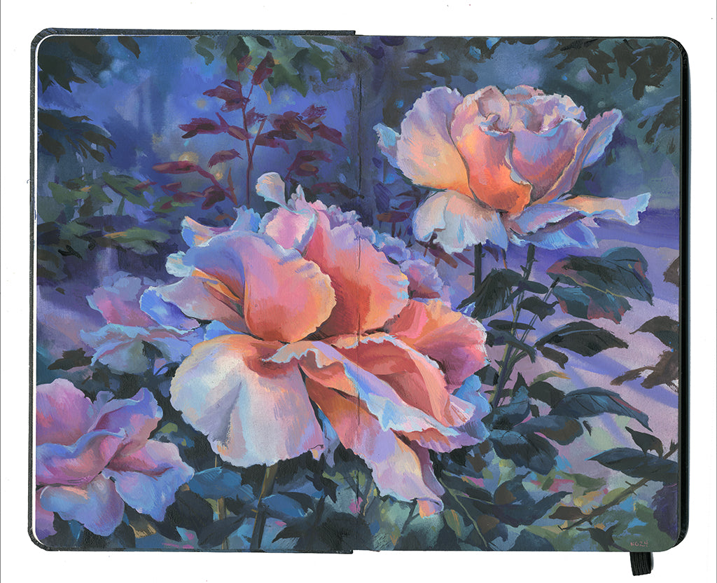 painting in an open face Moleskine notebook of large lush roses in a garden at dusk by artist Nicole Gustafsson