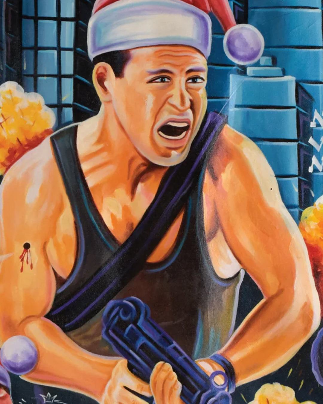 A muscular man in a black tank top and Santa hat grimaces, clutching a futuristic gun. Amid explosions and skyscrapers, his arm bleeds—a striking Deadly Prey digital print inspired by Nii Bi Ashitey.