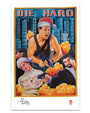 A colorful, hand-painted art print movie poster by Deadly Prey for Die Hard shows Bruce Willis in a Santa hat with a gun, explosions, and two men—one shot, lying down with "Now I have a machinegun" on his shirt.