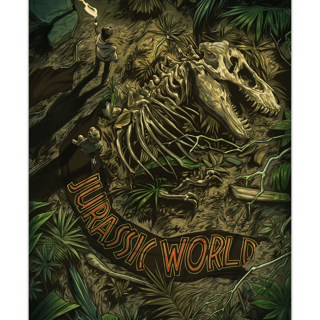 Two people with flashlights explore a dense jungle near a massive dinosaur skeleton, its ribcage and skull standing out. "Jurassic World" appears in orange in this striking Nimit Malavia design.