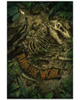 Two people with flashlights explore a dense jungle near a massive dinosaur skeleton, its ribcage and skull standing out. "Jurassic World" appears in orange in this striking Nimit Malavia design.