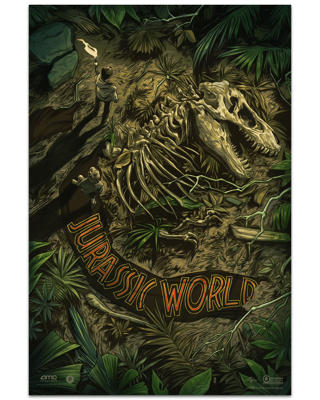 Two people with flashlights explore a dense jungle near a massive dinosaur skeleton, its ribcage and skull standing out. "Jurassic World" appears in orange in this striking Nimit Malavia design.