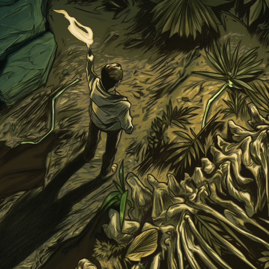 A person with a torch explores an overgrown, dim area with large leaves and a buried skeleton, evoking Jurassic World vibes, in a mysterious style inspired by Brand Name: Nimit Malavia.