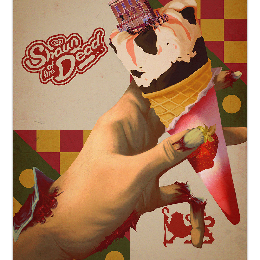 An OTTO poster shows a zombified hand grasping a strawberry-topped ice cream cone beneath Shaun of the Dead text. It features red, green, and yellow geometric patterns; this limited edition fine art print blends whimsy and horror.