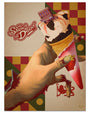 An OTTO poster shows a zombified hand grasping a strawberry-topped ice cream cone beneath Shaun of the Dead text. It features red, green, and yellow geometric patterns; this limited edition fine art print blends whimsy and horror.