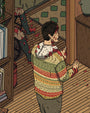 A person wearing a patterned sweater, covered in blood, stands in a room with a bloodstained floor and legs visible in the background, captured in this Liam Tooher archival pigment print.