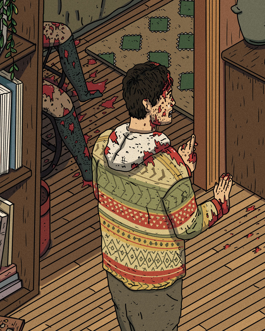 A person wearing a patterned sweater, covered in blood, stands in a room with a bloodstained floor and legs visible in the background, captured in this Liam Tooher archival pigment print.