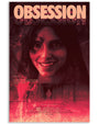 A movie poster for Obsession shows a smiling woman’s face with red and pink hues, graffiti, and shadowy figures below. Created as an archival pigment print by Stephen Campanella, the word OBSESSION is in large, bold text at the top.