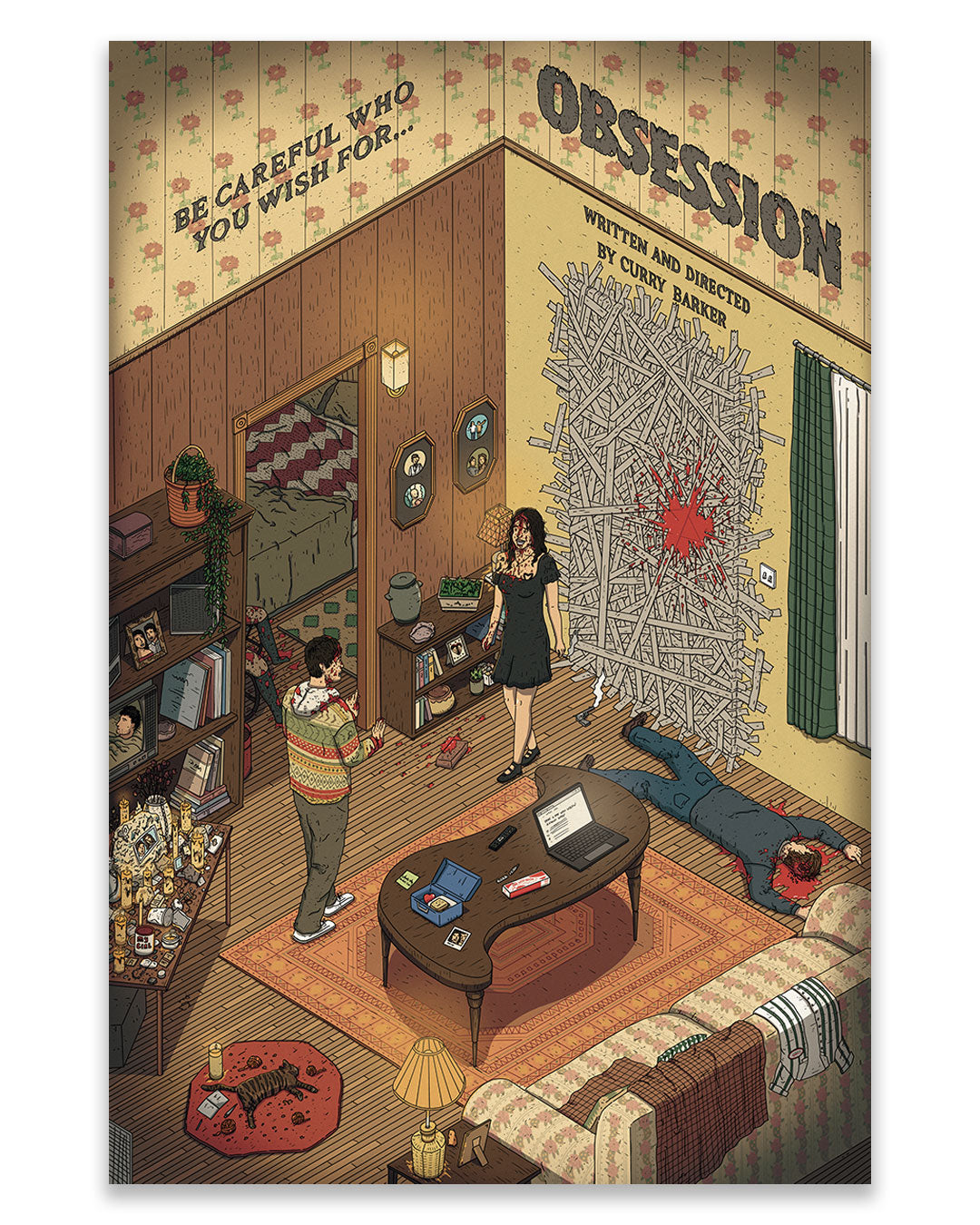 Movie poster for Obsession by Liam Tooher, featuring a domestic scene with a woman standing before a wall covered in sticks, a man holding a small creature, and a person lying on the floor in a pool of blood.