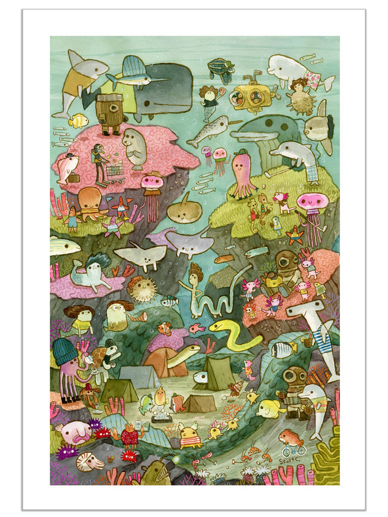 Whimsical underwater scene of colorful cartoon sea creatures among coral reefs captures the spirit of Ocean Leisure Life. Archival Pigment Print by Scott C., signed and numbered by the artist for authenticity.