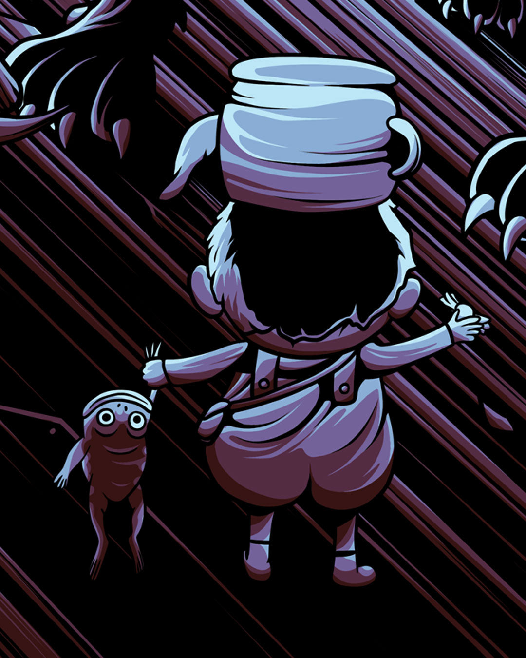 A person wearing a hat and carrying a satchel holds the hand of a small, wide-eyed creature in this digital print, with sharp, claw-like shapes looming in the background.