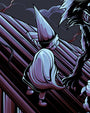 A figure in a pointed hat and cape stands on the dark, slanted roof of the Old Grist Mill, facing a large, shadowy, clawed creature in this digital print by Jesse Reiners.