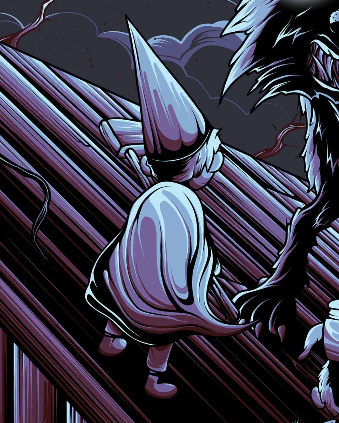 A figure in a pointed hat and cape stands on the dark, slanted roof of the Old Grist Mill, facing a large, shadowy, clawed creature in this digital print by Jesse Reiners.