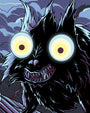A Jesse Reiners digital print of a creature with black fur, a wide, toothy grin, and two large, glowing yellow eyes against a dark, stormy sky.