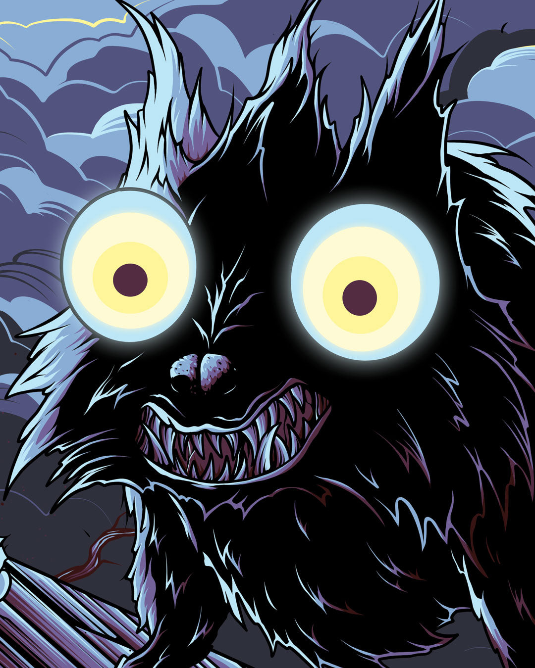 A Jesse Reiners digital print of a creature with black fur, a wide, toothy grin, and two large, glowing yellow eyes against a dark, stormy sky.