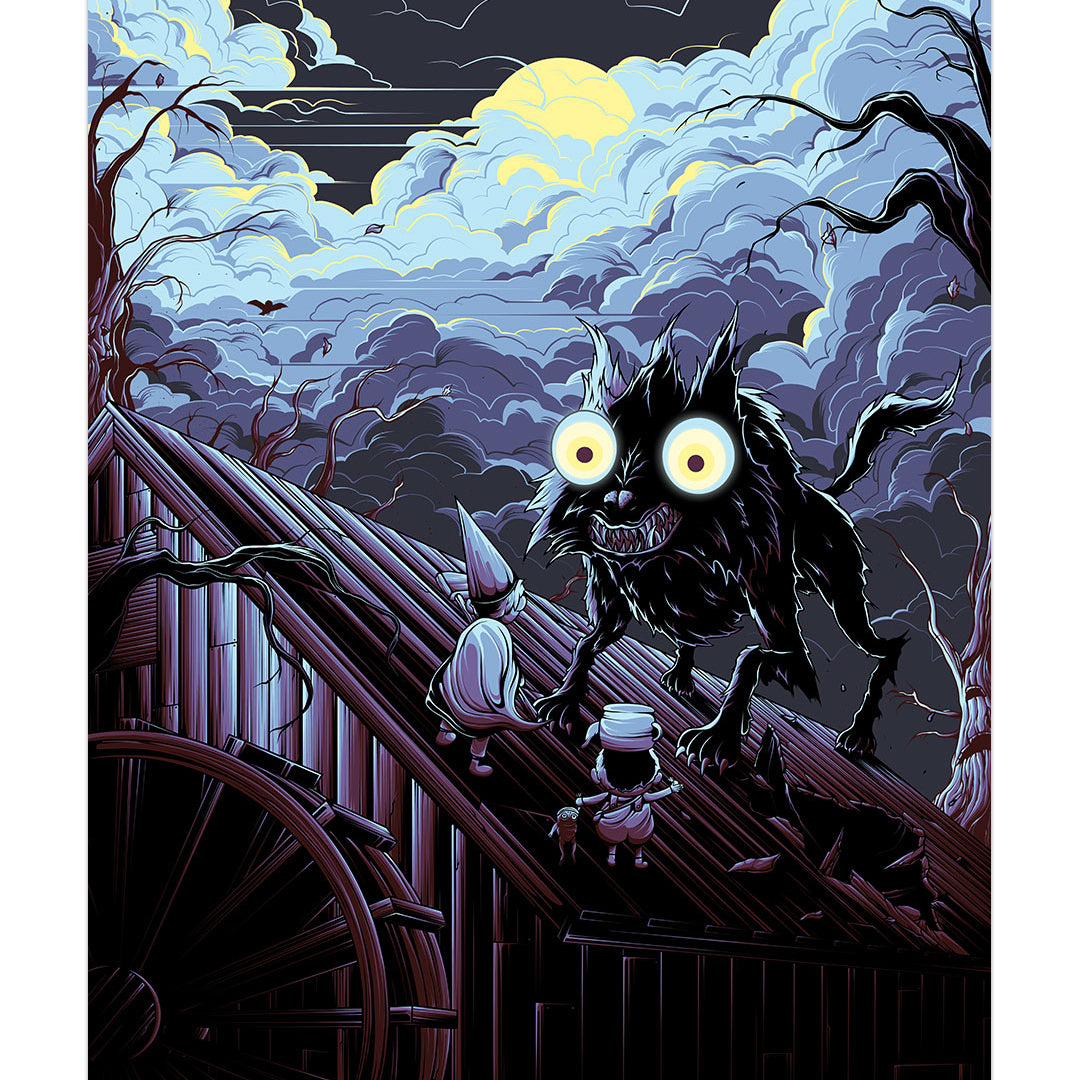 Two children in hats stand on the wooden roof of the Old Grist Mill, facing a large, monstrous wolf with glowing yellow eyes in this digital print by Jesse Reiners.