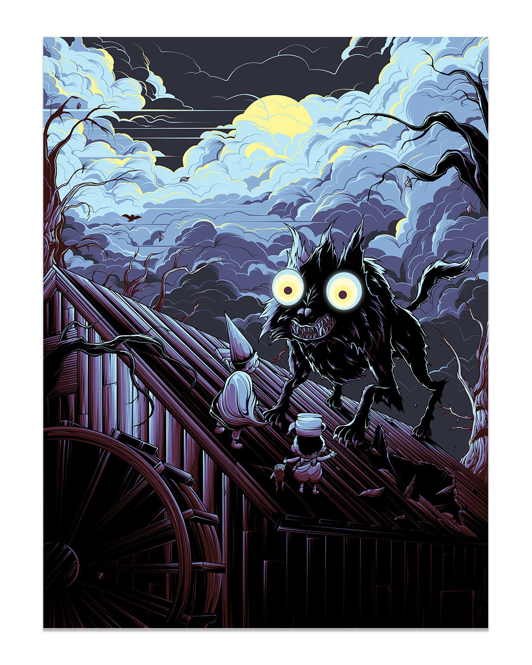 Two children in hats stand on the wooden roof of the Old Grist Mill, facing a large, monstrous wolf with glowing yellow eyes in this digital print by Jesse Reiners.