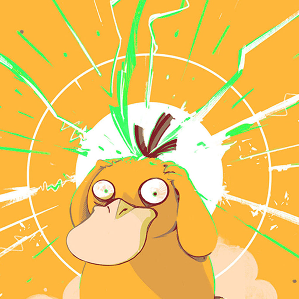 A cartoon Psyduck clutches its head in distress with green lightning bolts, set against a bright orange background with a white circular pattern, in Oliver Barrett's vibrant Ode to Sugimori–inspired screen print style.