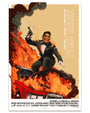 A man in a tuxedo and Ronald Reagan mask wields a gun atop a burning red car with swirling smoke in this stylized Point Break movie poster by Oliver Barrett—an eye-catching collectible for screen print art fans.
