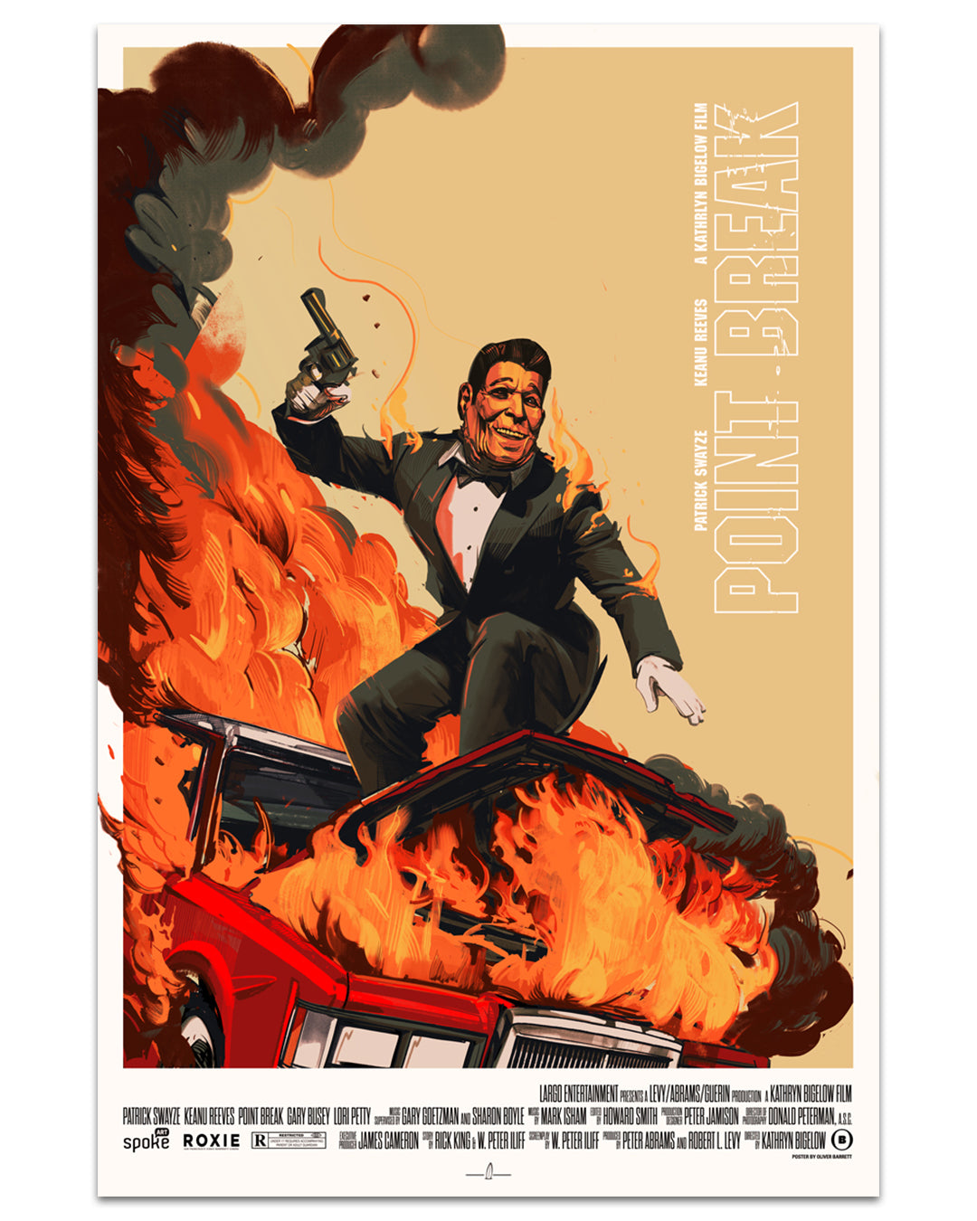 A man in a tuxedo and Ronald Reagan mask wields a gun atop a burning red car with swirling smoke in this stylized Point Break movie poster by Oliver Barrett—an eye-catching collectible for screen print art fans.