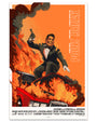 A man in a suit and mask stands with a gun atop a flaming red car amid swirling smoke. Bold text on the right reads Point Break. This vibrant screen print by Oliver Barrett features a striking orange background. Brand: Oliver Barrett.