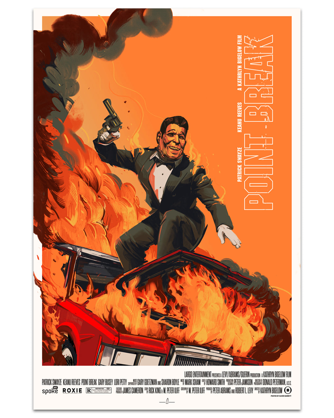 A man in a suit and mask stands with a gun atop a flaming red car amid swirling smoke. Bold text on the right reads Point Break. This vibrant screen print by Oliver Barrett features a striking orange background. Brand: Oliver Barrett.