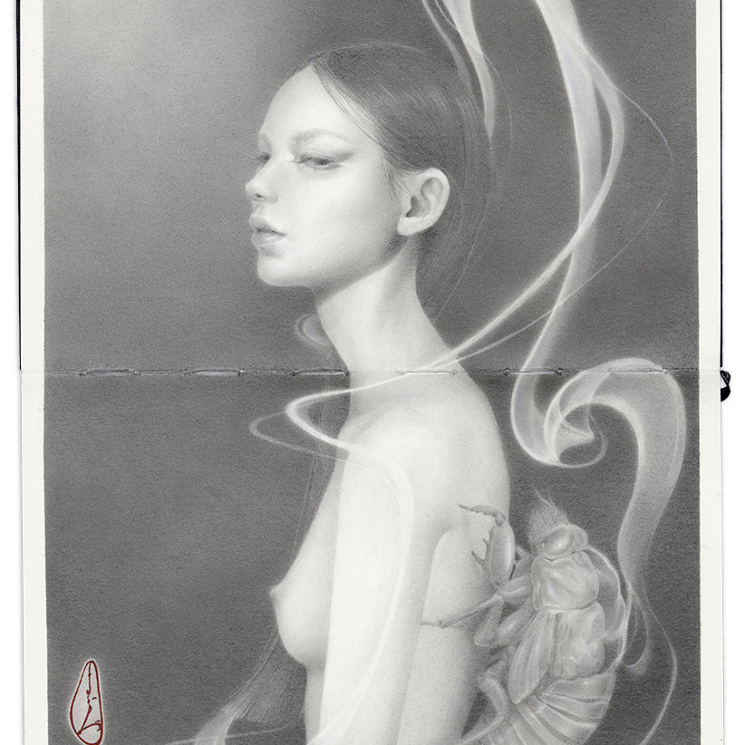 graphite drawing in an open faced Moleskine notebook of a nude woman in three quarters profile, from the waist up, her hair is long and straight and she is enveloped by wisps of smoke with a bug on her back by artist Ozabu