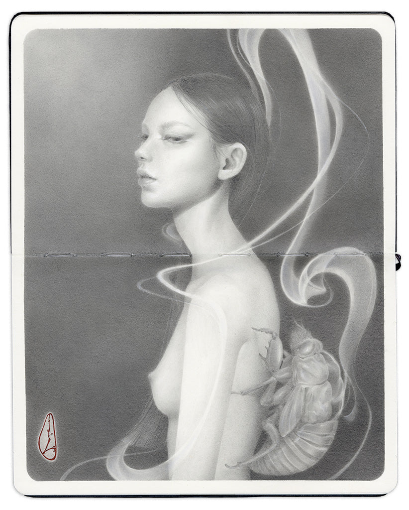 graphite drawing in an open faced Moleskine notebook of a nude woman in three quarters profile, from the waist up, her hair is long and straight and she is enveloped by wisps of smoke with a bug on her back by artist Ozabu