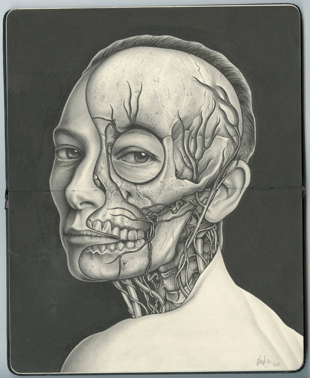 Image of a drawing in an open face Moleskine notebook of a person peering over their shoulder, with half of their skull and veins exposed set against a dark background by artist Paul Jackson