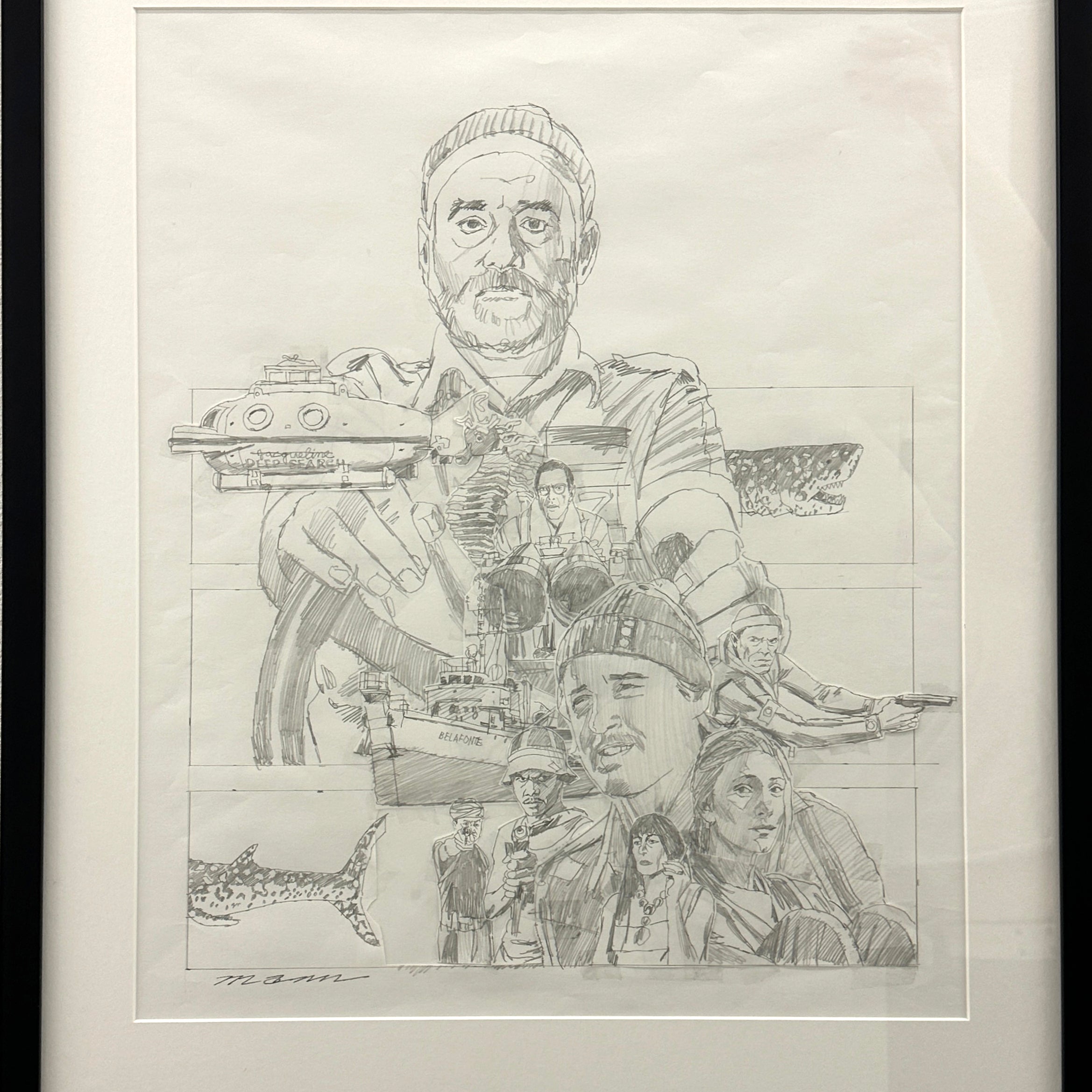 Framed pencil sketch collage inspired by Paul Mann, with Life Aquatic scenes—submarine, sea creatures, and ocean adventures—surrounding a central figure in a beanie. Created for the Spoke Art 15th Anniversary Show. Brand: Spoke Art.