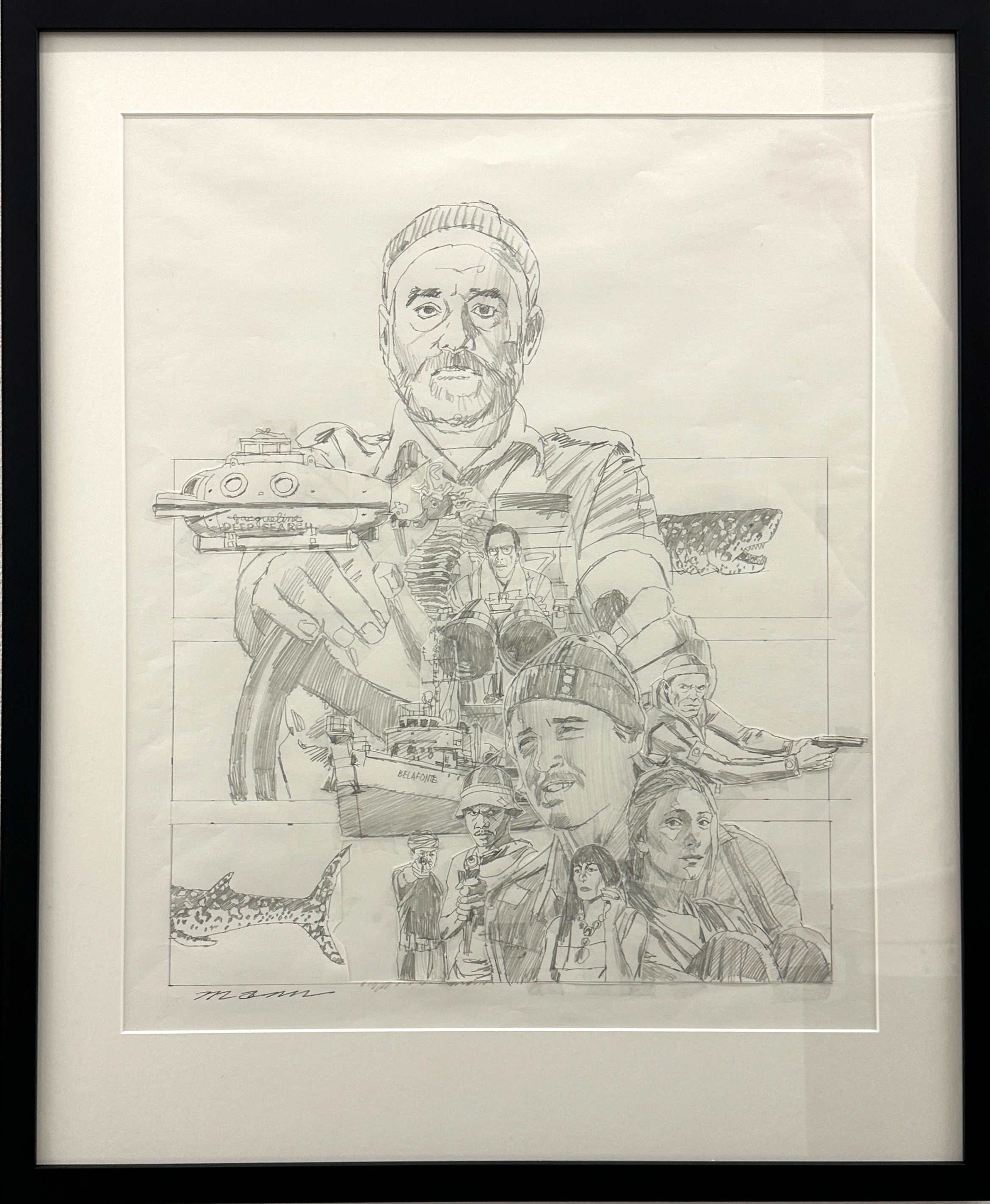 Framed pencil sketch collage inspired by Paul Mann, with Life Aquatic scenes—submarine, sea creatures, and ocean adventures—surrounding a central figure in a beanie. Created for the Spoke Art 15th Anniversary Show. Brand: Spoke Art.